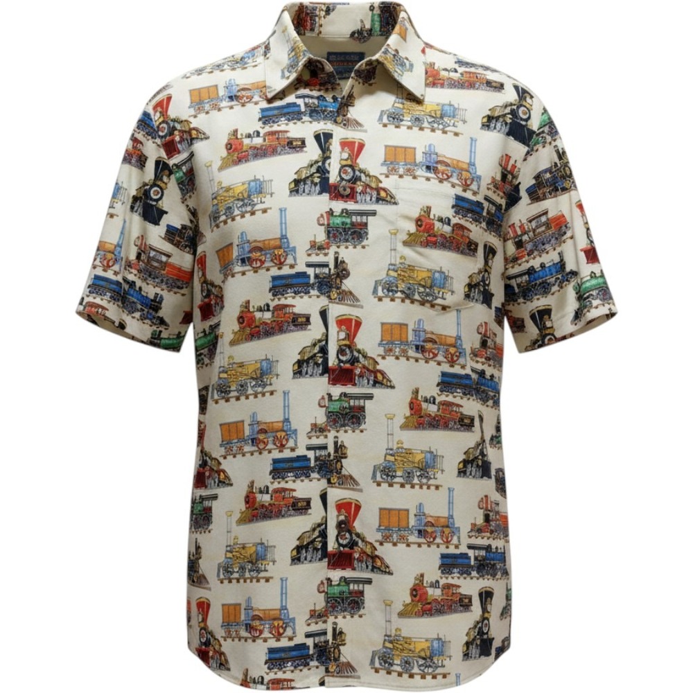 Max Boxxer USA Mens L Camp Shirt Train Locomotive Cotton Novelty Vacation Travel